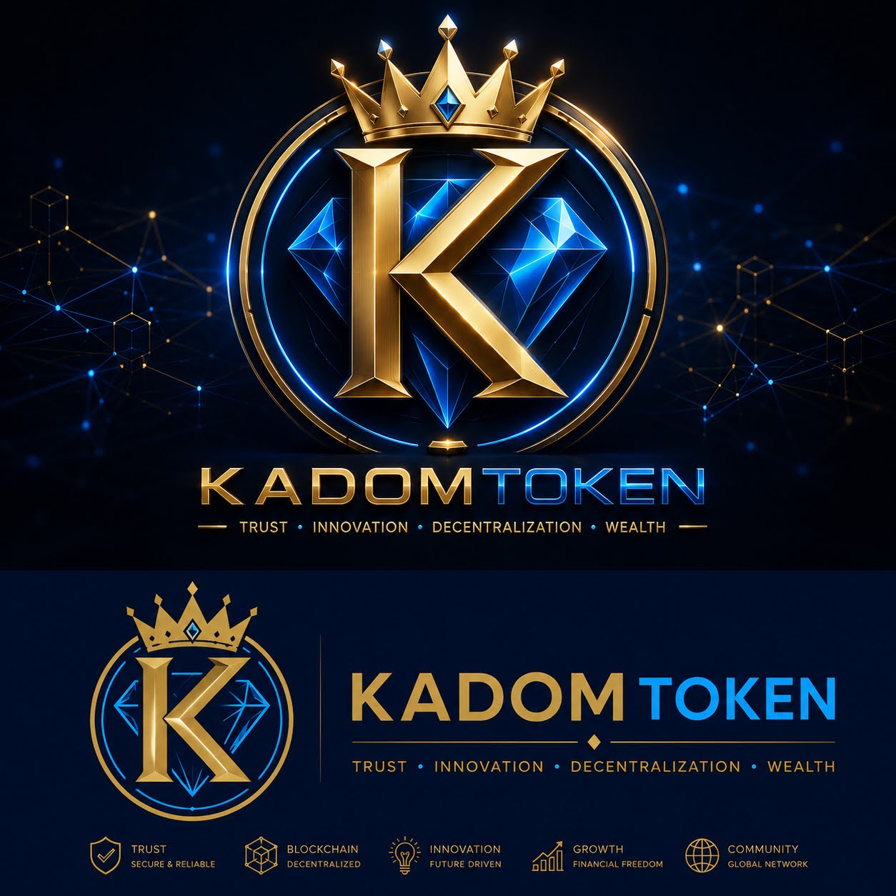 KadomToken brand system showing the emblem, wordmark and brand values