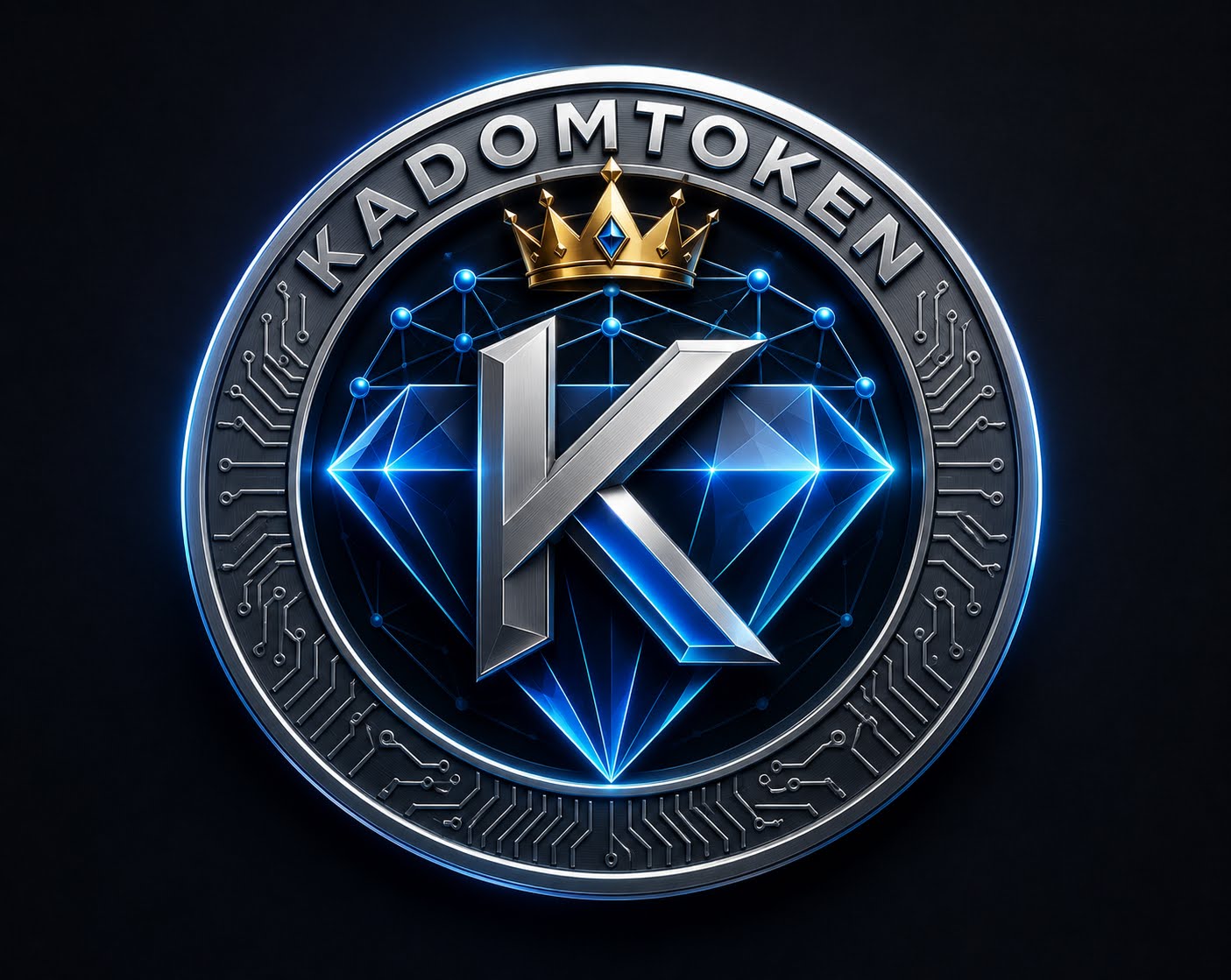 KadomToken coin featuring a crowned K over a blue diamond